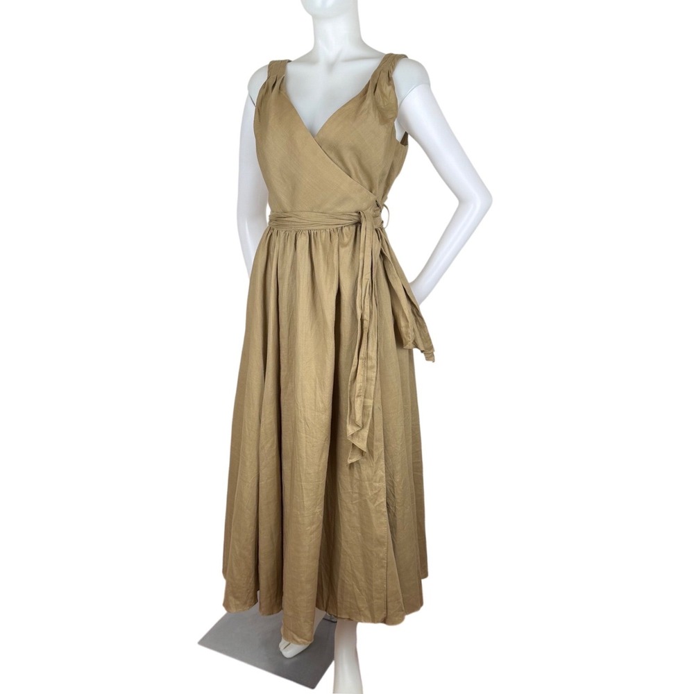 Geary Roark Kamisato Ramie Wrap Maxi Dress Tan Khaki V Neck USA Classic SZ 6